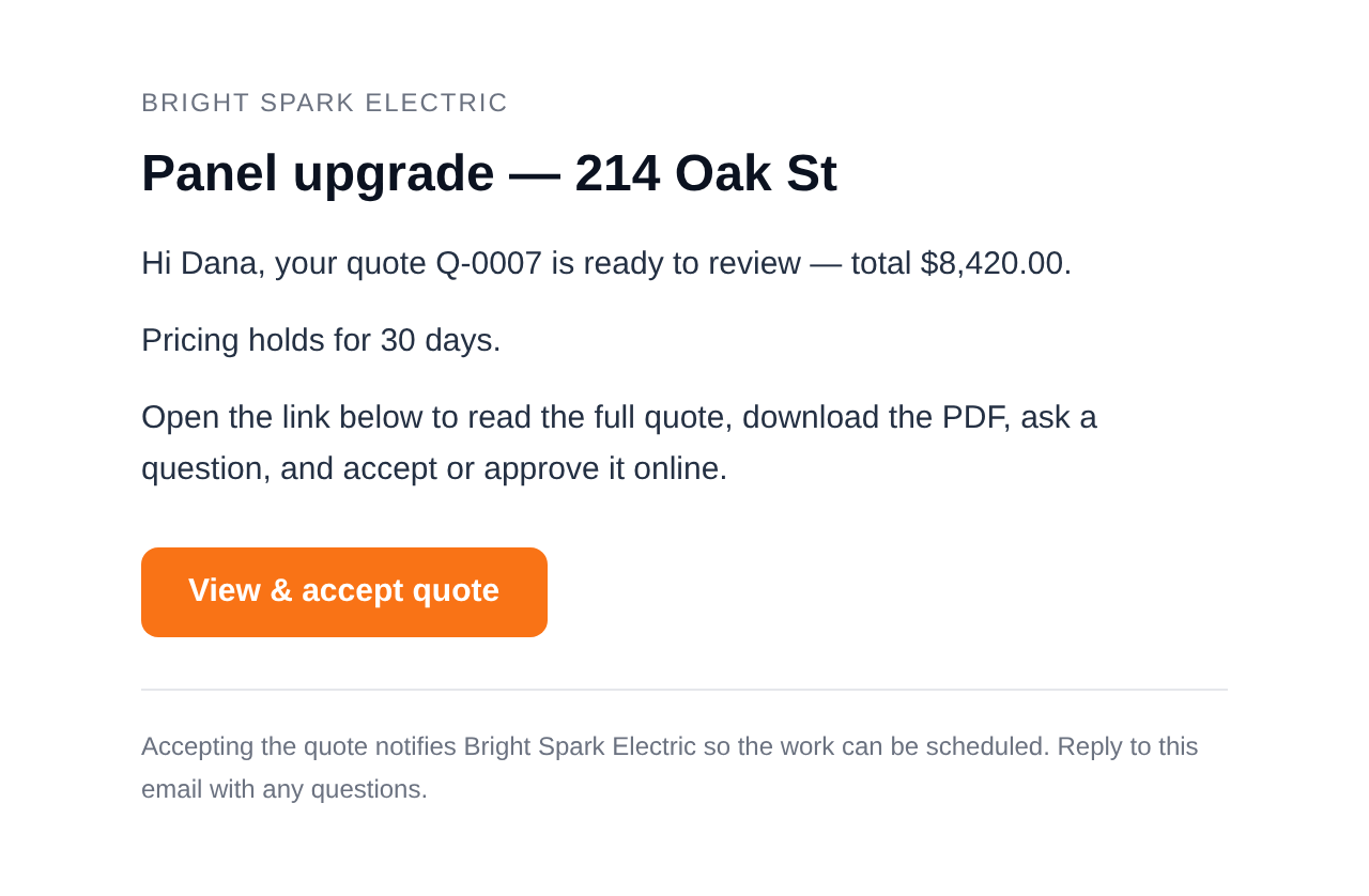 Quote email a QuoteFlow customer receives