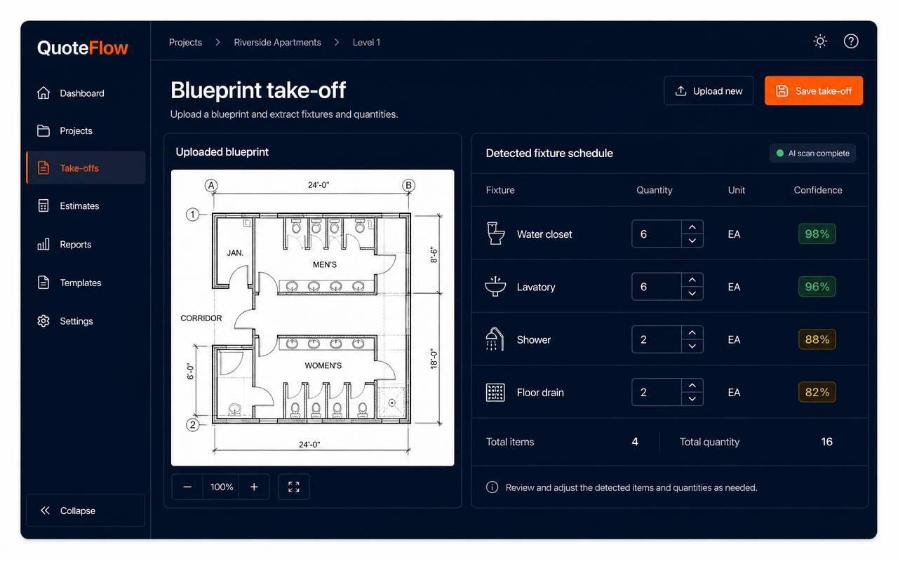 QuoteFlow blueprint take-off screen with a detected fixture schedule