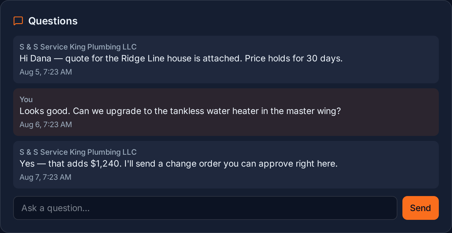 Message thread between contractor and customer on a quote