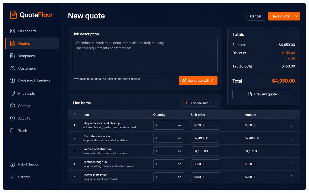 QuoteFlow quote builder with AI-generated line items and totals