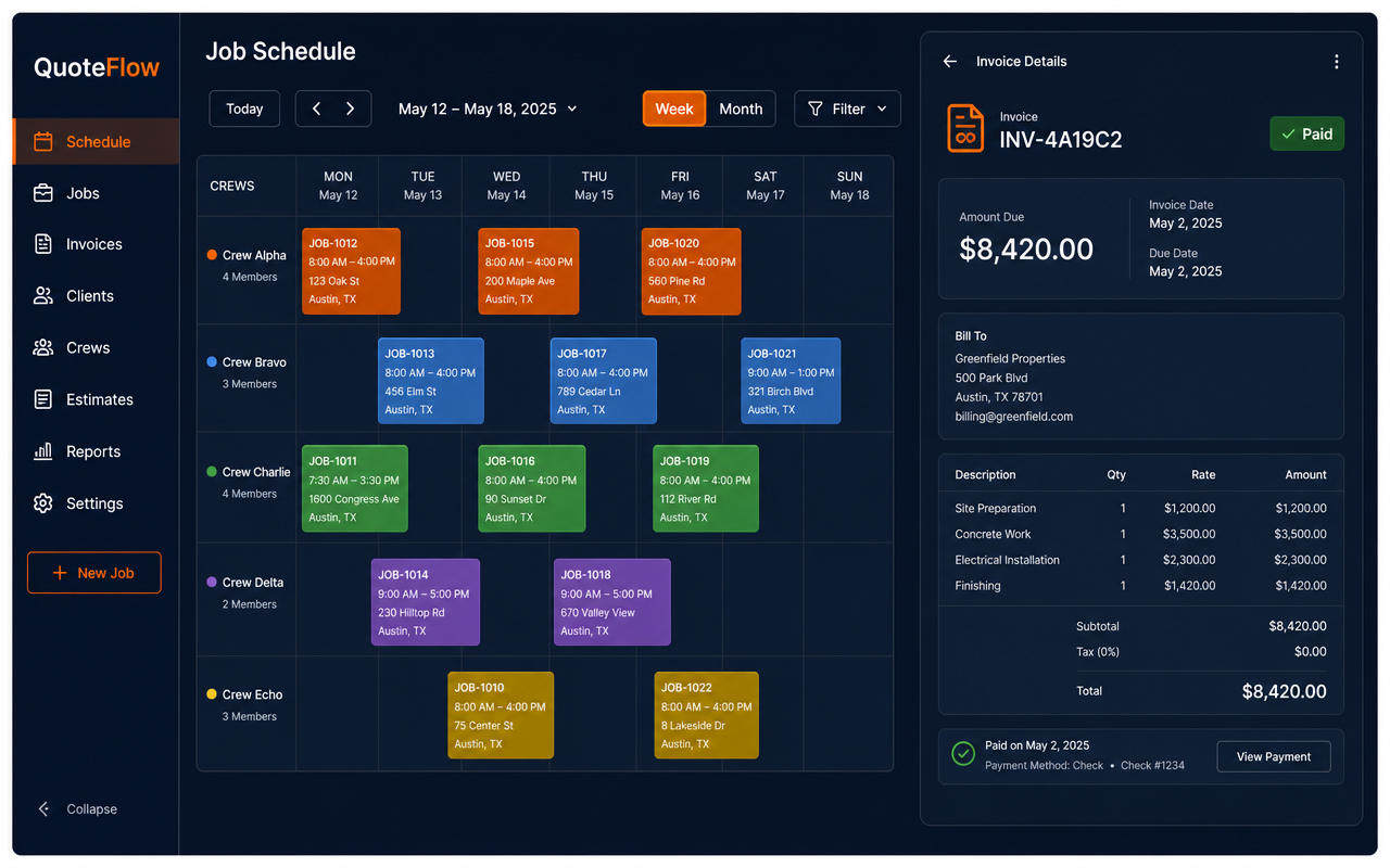 QuoteFlow job schedule next to a paid invoice